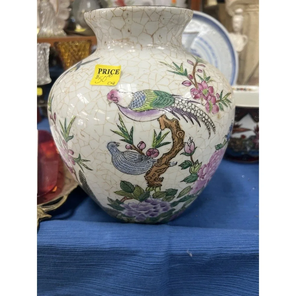 Ginger Jar Vase Floral Pheasant Design Crackled Glaze Porcelain 8.5
